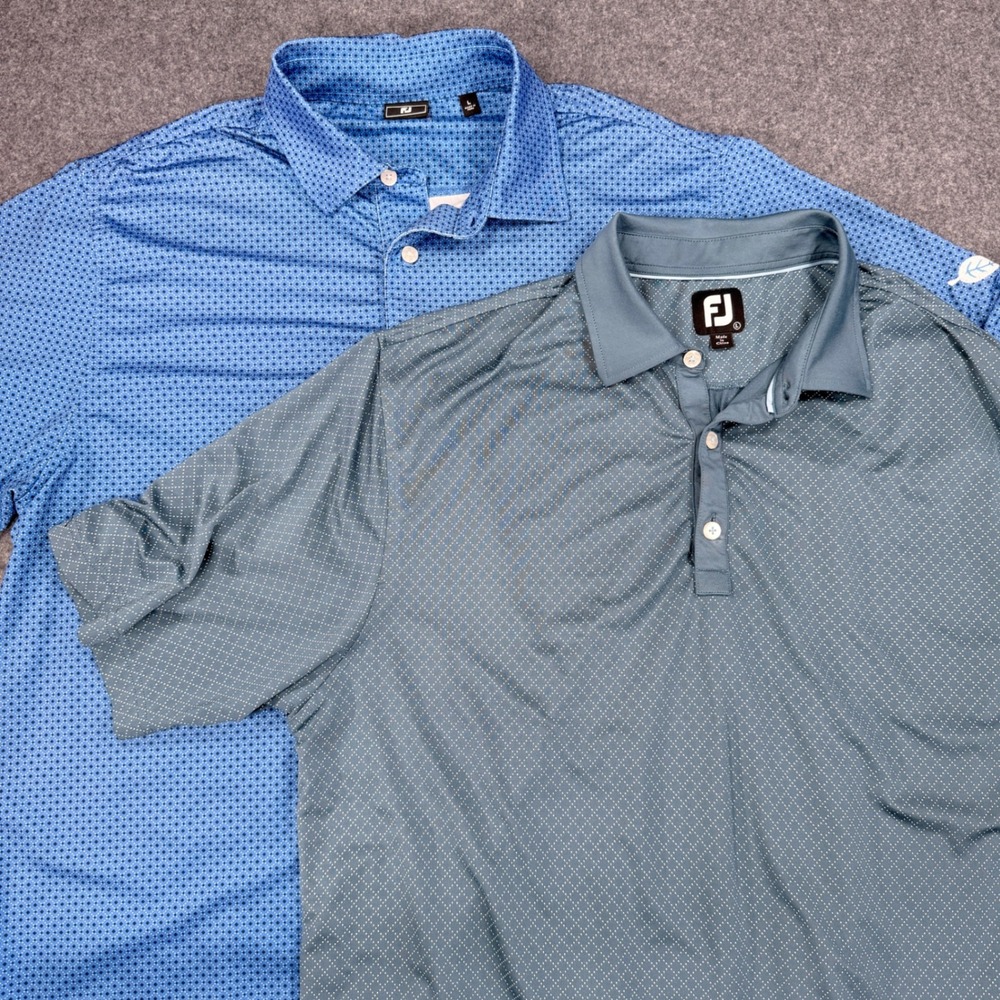 Lot of 2 FootJoy Mens Large Golf Polo Shirts Blue Gray Geometric Performance FJ
